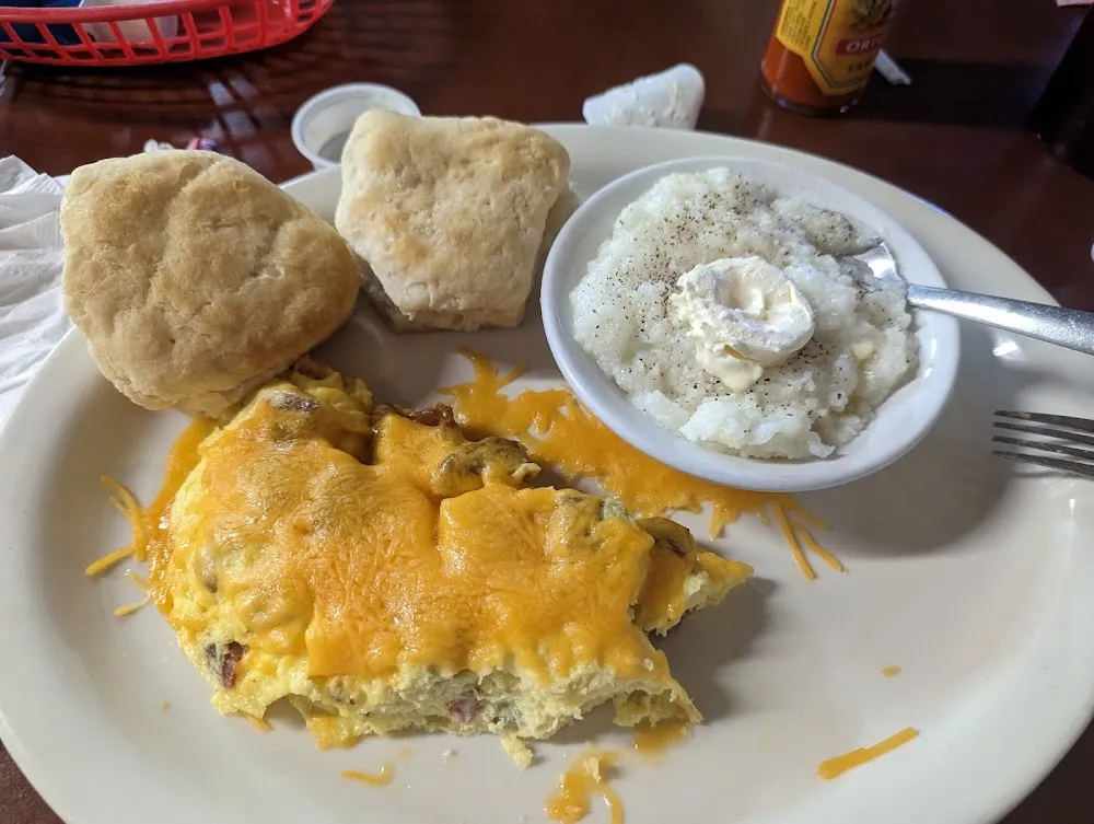 Bacon Omelette with Grits and Biscuits